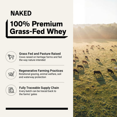 Naked grass-fed whey protein from pasture-raised cows with regenerative farming practices.