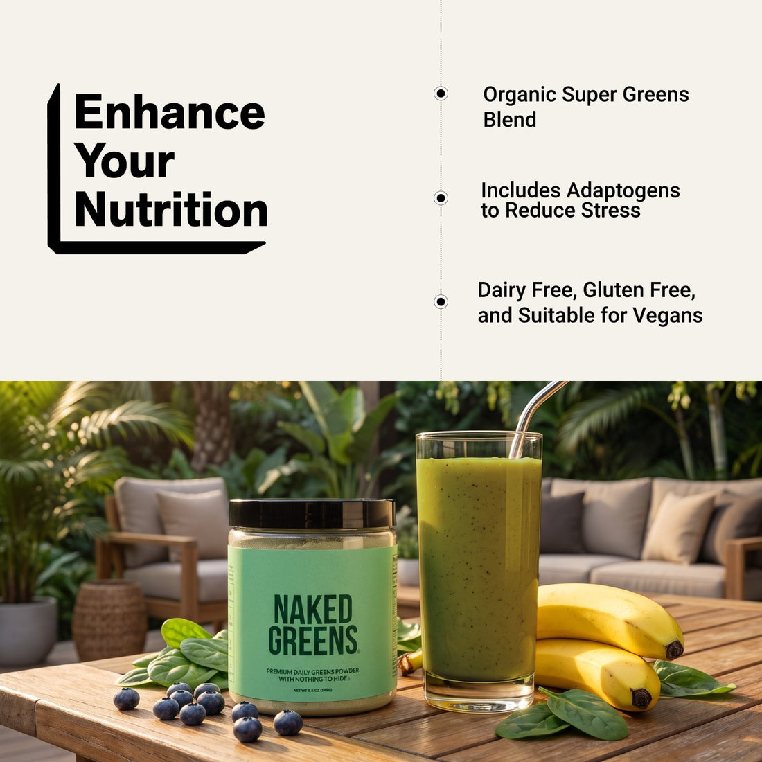 naked greens powder and green smoothie with fruit