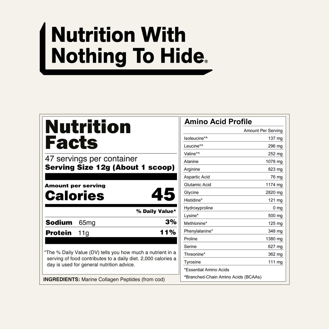 naked marine collagen nutrition label showing protein content and amino acid profile.