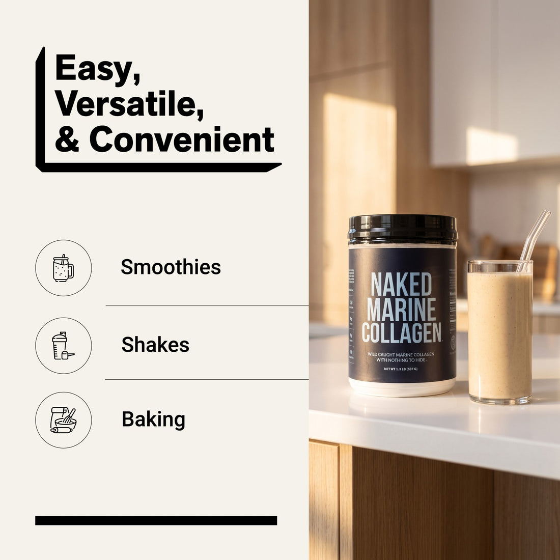 naked marine collagen powder and smoothie displayed in a kitchen for everyday use.