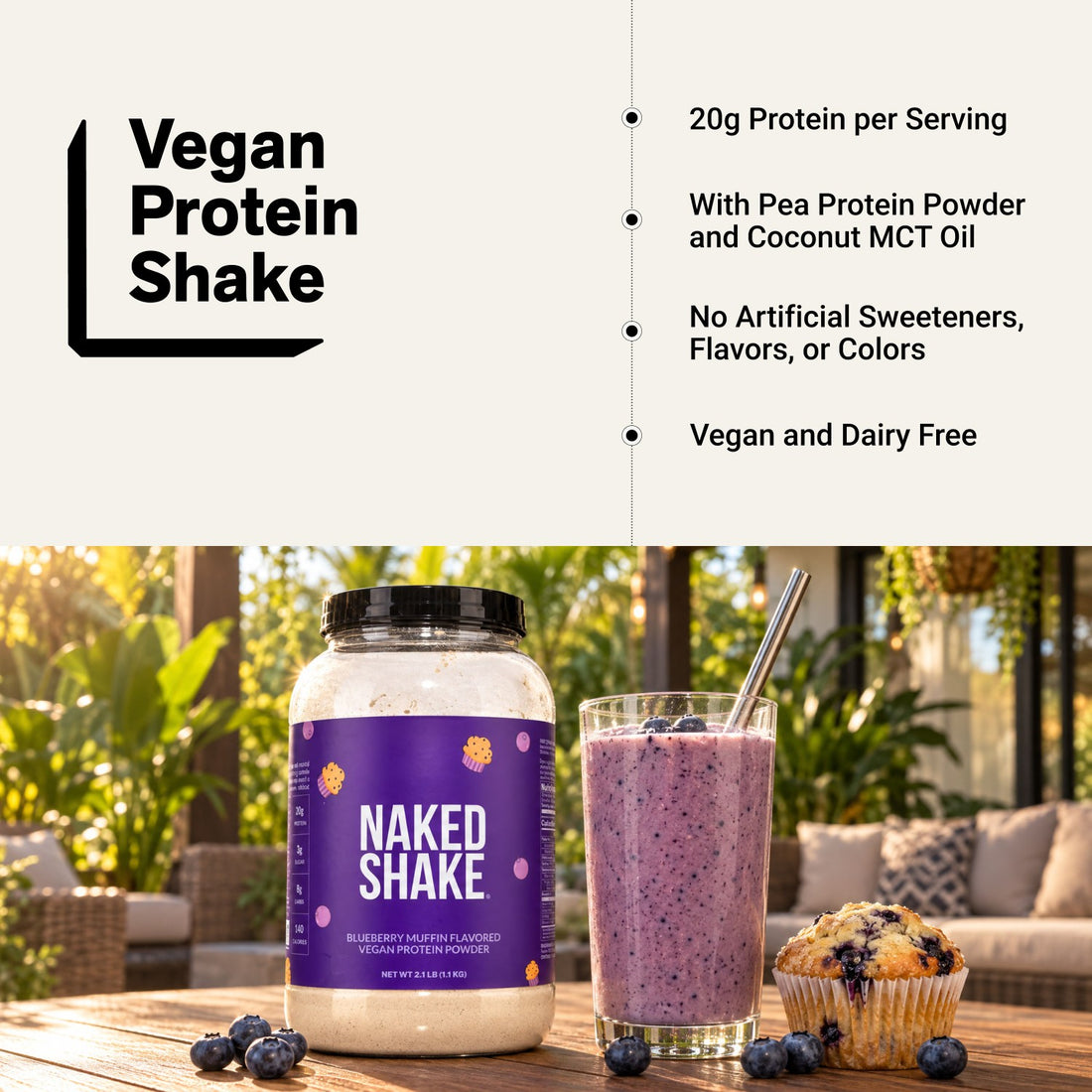 naked shake blueberry muffin jar with smoothie and muffin
