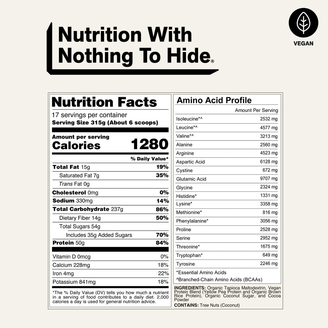 naked vegan mass chocolate nutrition facts and amino acid profile