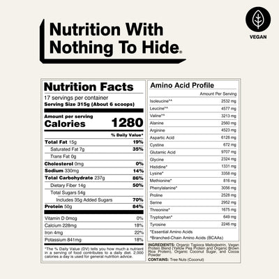 naked vegan mass chocolate nutrition facts and amino acid profile