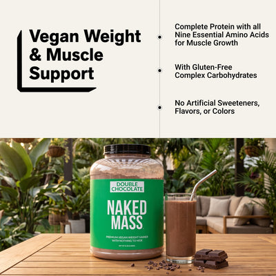 naked vegan mass double chocolate muscle support infographic