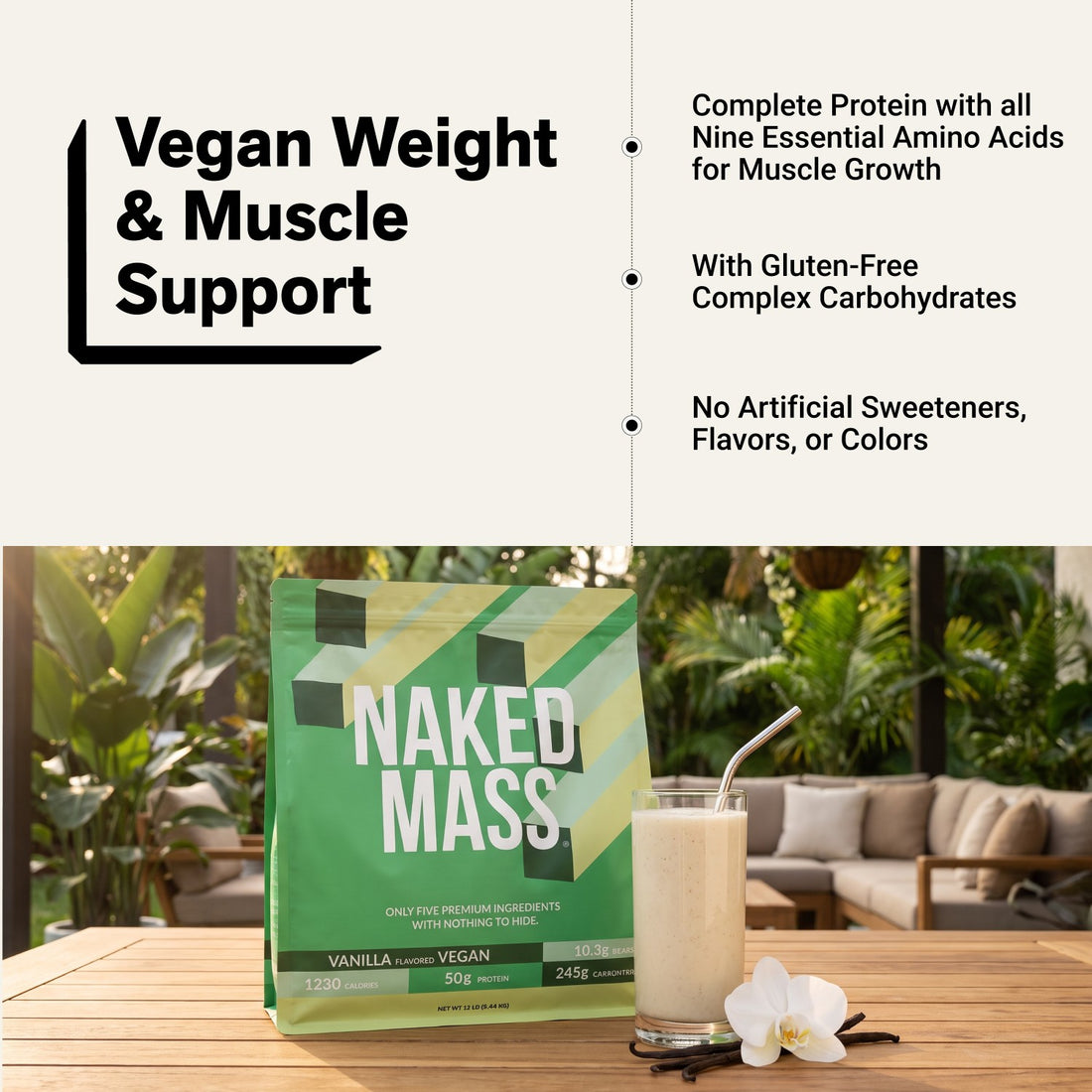 naked vegan mass vanilla weight and muscle support infographic