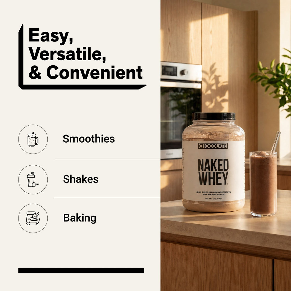 naked whey chocolate 5lb for smoothies, shakes, and baking.