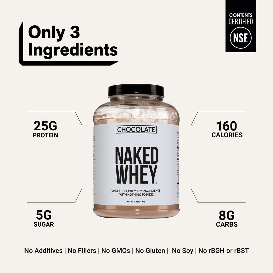 naked whey chocolate 5lb with 3 ingredients and 25g protein.