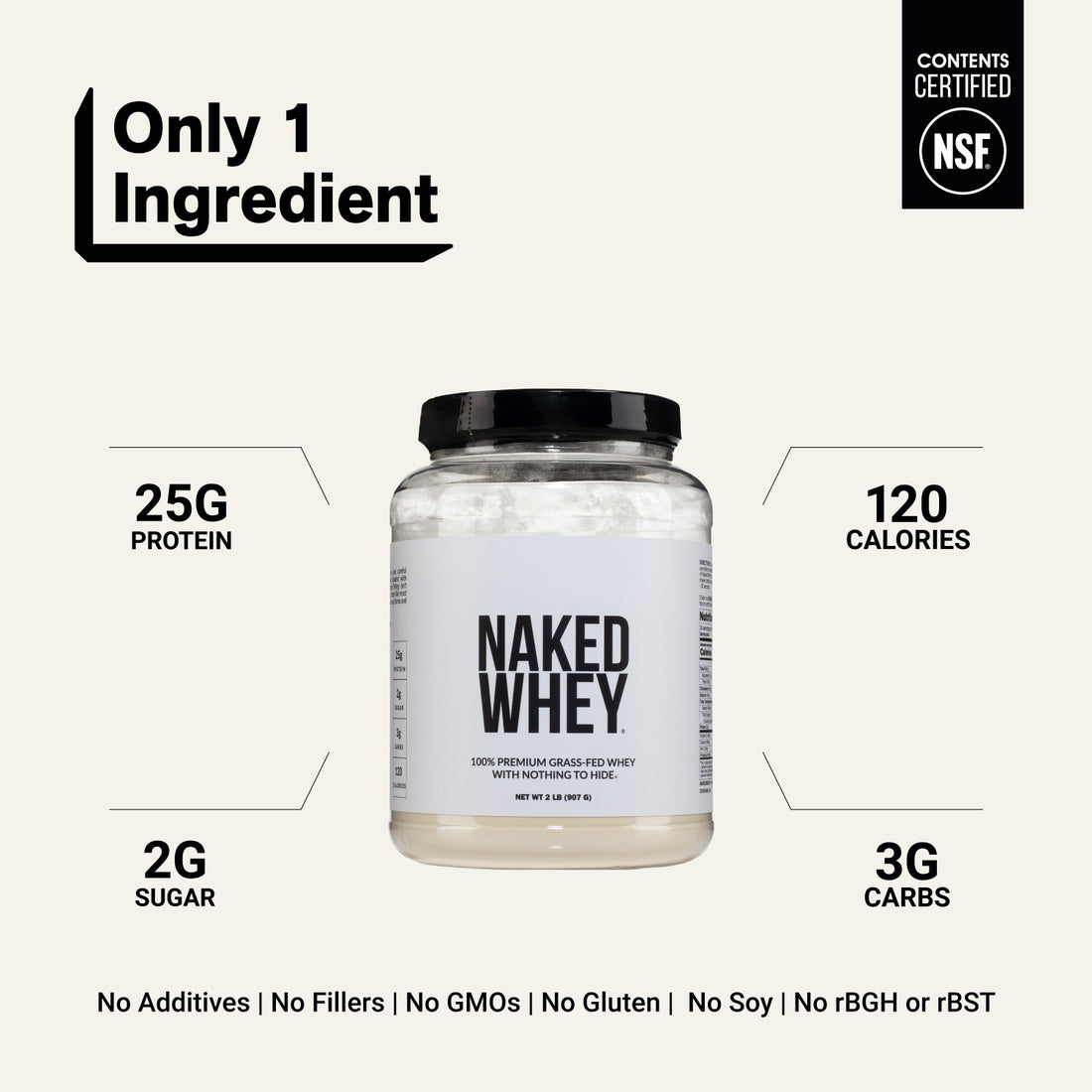 naked whey unflavored protein powder with 3 ingredients, 25g protein and 150 calories per serving.