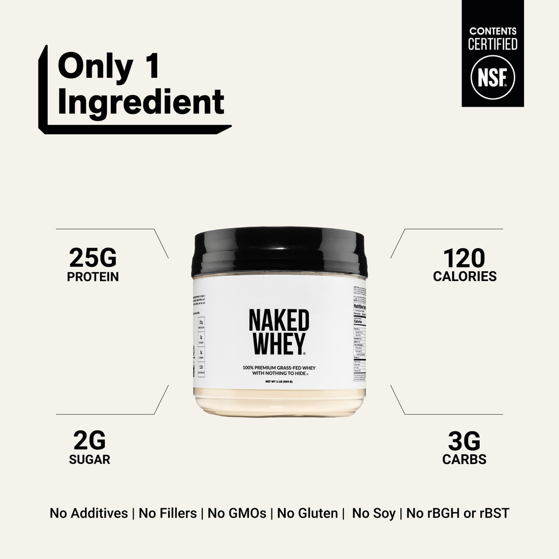 Naked Whey Unflavored protein powder with one ingredient, 25g protein and 120 calories per serving.
