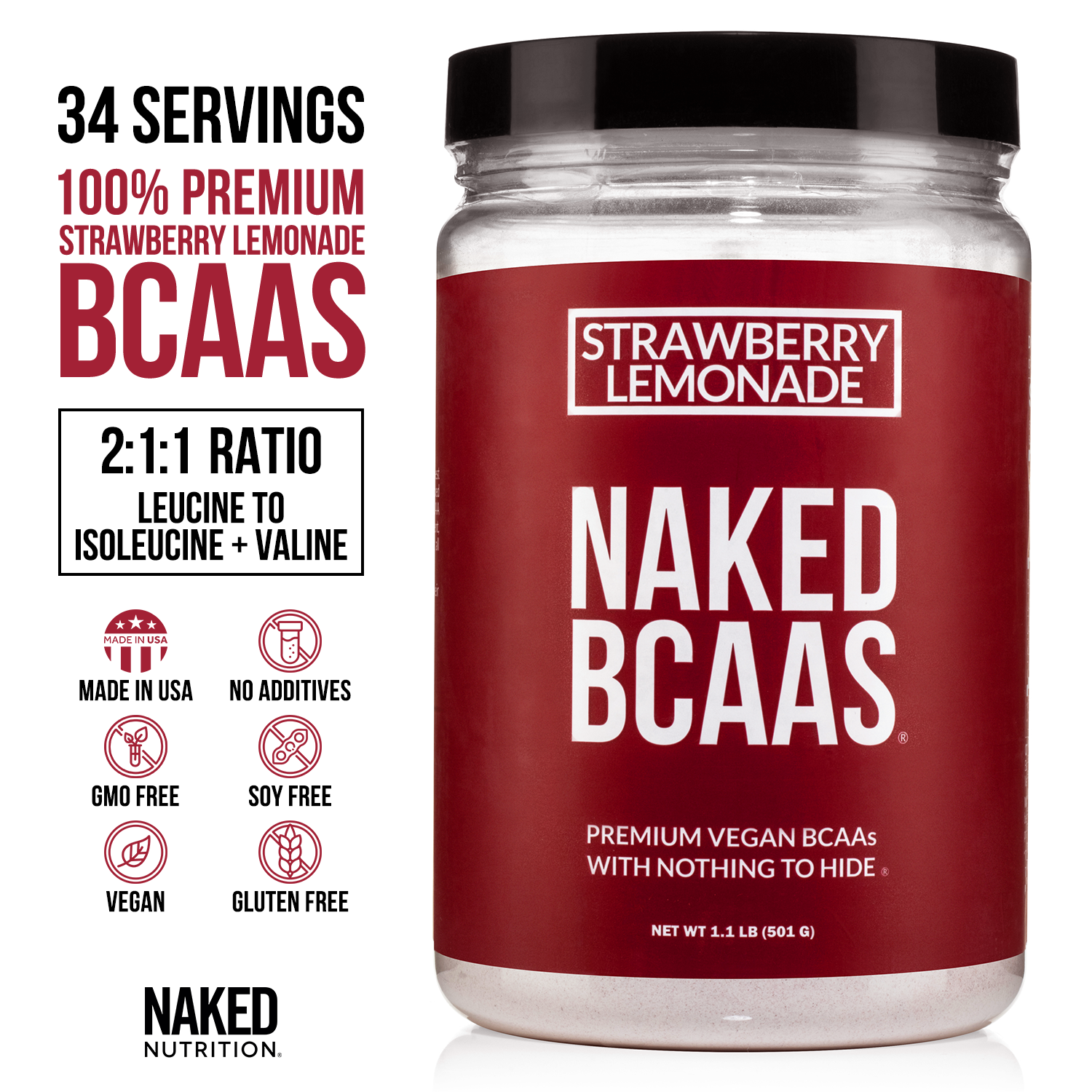 Strawberry Lemonade Branched Chain Amino Acids | Naked BCAAs - 34 Serv